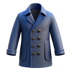 Classic blue double breasted 3D peacoat with gold buttons isolated on transparent background
