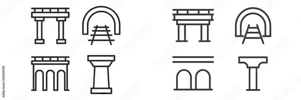 Poster linear designs of architectural structures and railway elements displayed on a clean background for 