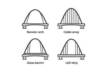 Various bridge designs featuring siender arch, cable array, glass barrier, and LED strip elements