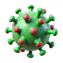 Stylized 3d rendering of a green coronavirus particle with red spheres isolated on transparent background