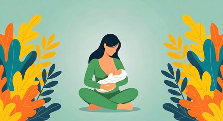 Mother breastfeeding baby surrounded by colorful leaves nurturing love