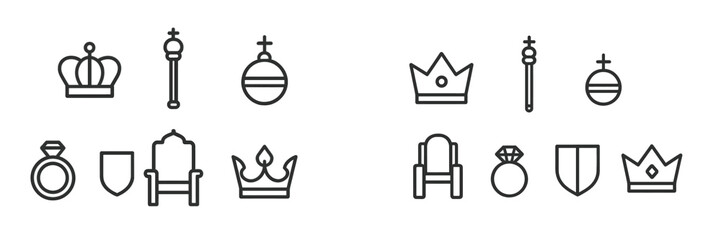 Collection of royal symbols including crowns, thrones, scepters, and rings displayed in a minimalist design