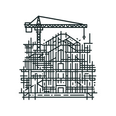 Obraz premium Building under construction with crane in outline vector style, black and white, architecture and engineering concept