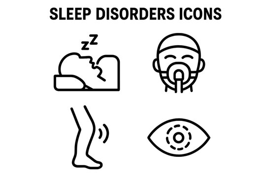 Icons illustrating various sleep disorders, including snoring, sleep apnea, restless legs, and insomnia in a clear graphic layout