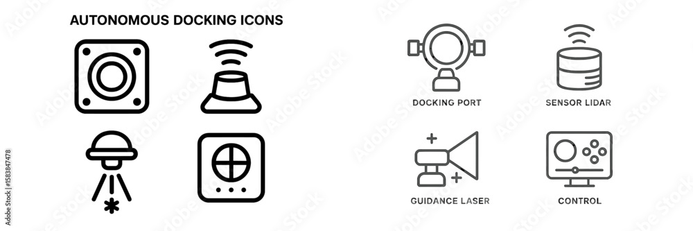 Poster icons representing autonomous docking technology and related systems for vehicle navigation and cont