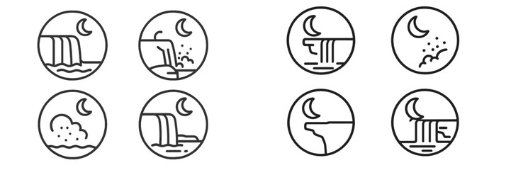 Various minimalist designs of waterfalls under a crescent moon, showcasing different water flows and moonlit landscapes