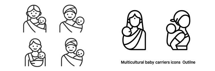 Multicultural baby carriers icons showcasing different styles and parents with infants in various cultural representations