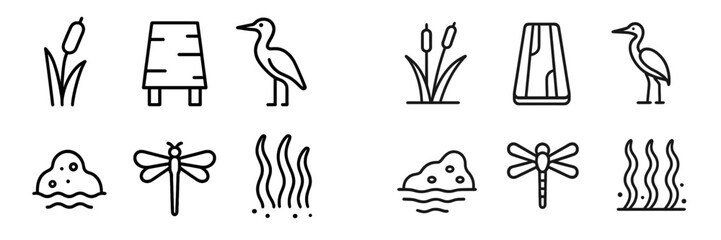 Nature illustrations featuring various plants and animals in a wetland ecosystem during daylight