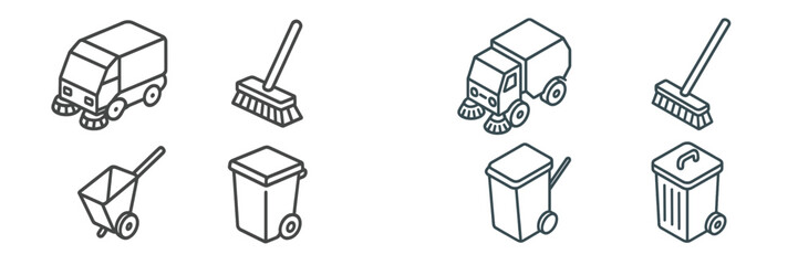 Illustrations of street cleaning vehicles and tools in a simple line art style