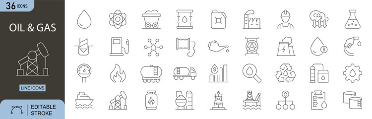 Oil and Gas icons set. Includes icons for oil rig, fuel pump, gas tank, refinery, barrel, pipeline, industrial , and energy production. Editable stroke. Line icons. Perfect for infograhics.
