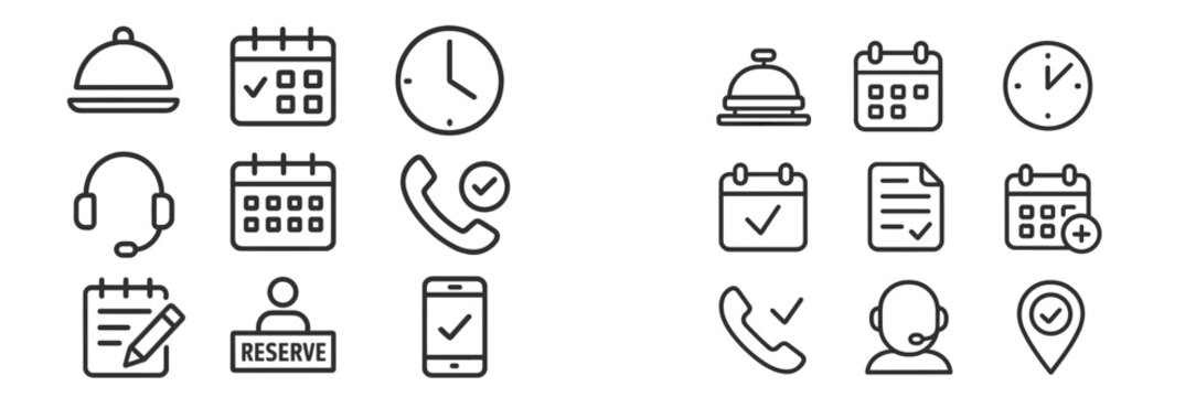 Icons representing hotel reservation process including scheduling, communication, and check-in details