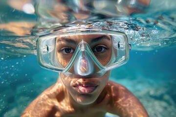 Naklejka premium Young woman snorkeling underwater in clear blue ocean