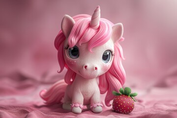 Naklejka premium Cute pink unicorn with strawberry on a soft background.