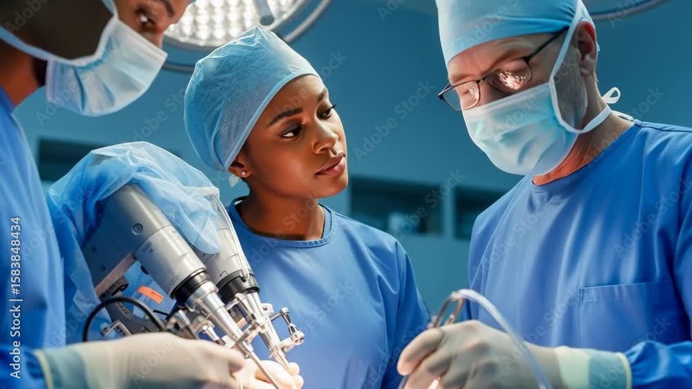 Poster multiracial surgical team collaborating in a modern operating room, skillfully operating a robotic s