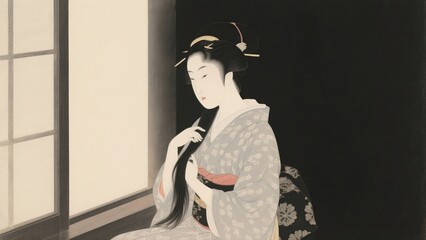 Fototapeta premium Elegant Japanese woman grooming her hair in a quiet room, traditional ukiyo-e style portrait illustration