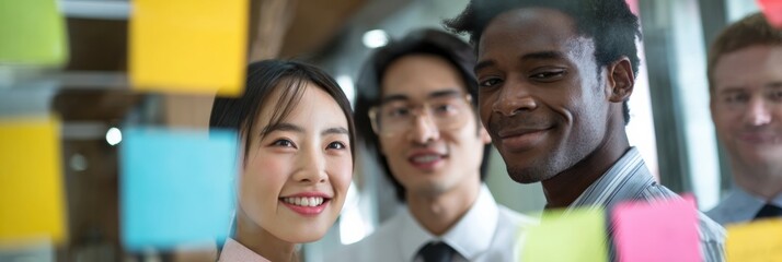 Intercultural Team Collaborates on Ideas Using Sticky Notes in a Dynamic Workspace With a Soft Focus Background