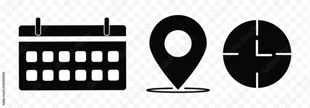 Poster time, date and address icon set. calendar, clock, location. editable stroke. linear vector outline, 