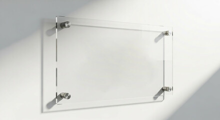 Modern clear acrylic sign mounted on a white wall with subtle light and shadow effects