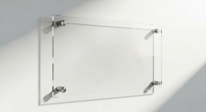 Modern clear acrylic sign mounted on a white wall with subtle light and shadow effects