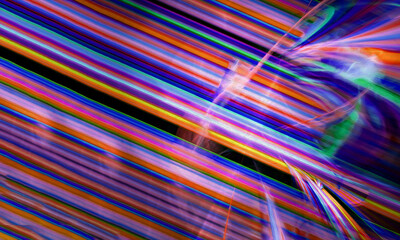 Abstract geometric dynamic fractal background with parallel thin rainbow lines, broken in some places. 3D rendering. 3D illustration.