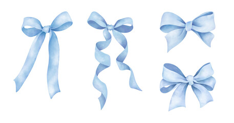 Lovely coquette bow set. Romantic blue ribbon with long tails in a soft watercolor style. Hand-painted illustration on white. Ideal for invitations, greeting cards, and festive decorations.