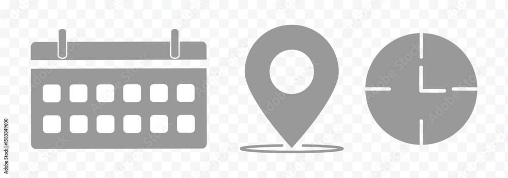 Poster time, date and address icon set. calendar, clock, location. editable stroke. linear vector outline, 