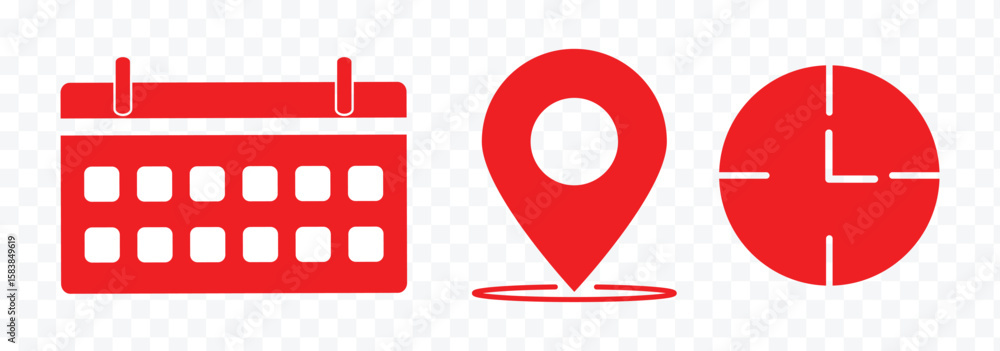 Poster time, date and address icon set. calendar, clock, location. editable stroke. linear vector outline, 