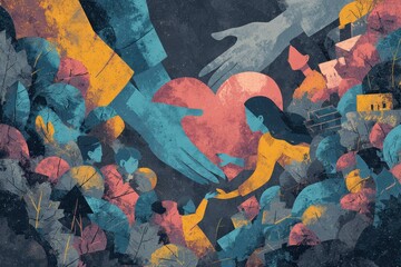 Heartwarming community support as people offer love and assistance to those in need during a gathering in a colorful outdoor setting