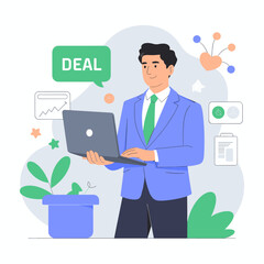 Man in suit holding laptop with "Deal" speech bubble in modern office  