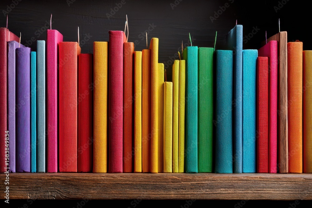 Poster colorful spectrum of books neatly arranged on a wooden shelf creating a vibrant and inviting atmosph