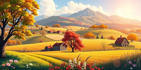 Vibrant vector illustrations depicting idyllic rural scenes across four distinct seasons,  brown,  tranquil