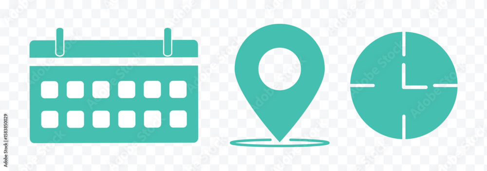 Poster time, date and address icon set. calendar, clock, location. editable stroke. linear vector outline, 