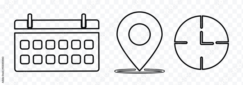 Poster time, date and address icon set. calendar, clock, location. editable stroke. linear vector outline, 