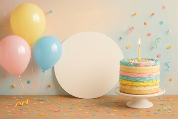 A cheerful birthday banner featuring a layered vanilla birthday cake with colorful frosting