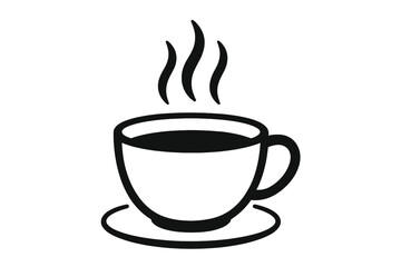 Minimalist Hot Coffee Cup Icon with Saucer and Rising Steam, Black and White Silhouette, Simple Vector Illustration for Café, Restaurant, Beverage Menu, Transparent Background, Modern Drink Logo