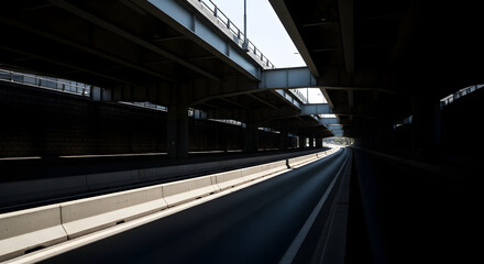 Fototapeta premium Urban Underpass Perspective Road View With Architectural Concrete Structures