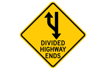 Divided Highway Ends Road Sign, Yellow Diamond Warning Symbol, Two-Way Traffic Begins, Road Divider Ends, Traffic Safety Vector, Transparent PNG Illustration for Highway and Street Signage