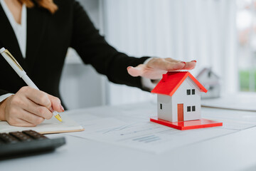 Asian real estate agent in modern office consulting clients, showcasing properties with a laptop,...