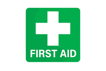 Obraz premium First aid sign vector illustration. Green square with white medical cross symbol. Emergency safety icon for workplace. Printable sticker. Healthcare concept isolated background.