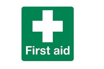 Obraz premium First aid sign vector illustration. Green square with white cross symbol. Emergency medical help icon. Safety first concept. Health care pictogram for printable sticker or label.