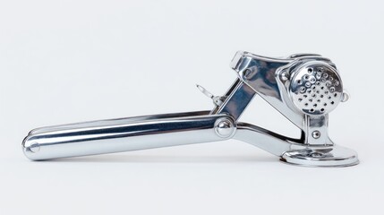 Chrome garlic press on white background