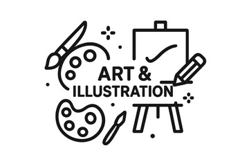 Art and illustration line icon. Creative hobby, drawing and painting concept. Artist tools, easel, palette, brush, pencil vector illustration. Design studio or art school logo.