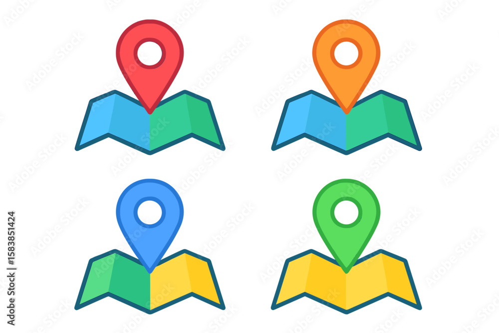 Poster gps location pin on folded map icon set. multicolor map marker collection for navigation and destina