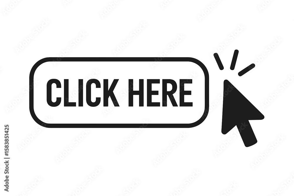 Aufkleber click here web button with mouse cursor pointer icon. call to action concept for website and applica
