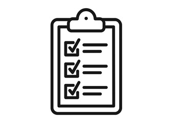 Clipboard icon with checklist and checkboxes, survey form outline vector illustration, transparent background, task list symbol, clipboard with marks and ticks for productivity and organization