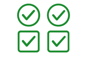 Green Check Mark Icon Set. Vector Tick Symbols in Circle and Square. Approval, Success, Confirm, Complete, Accept, Checklist, Validation, OK, Verification, Task Done, UI Button, Transparent Background