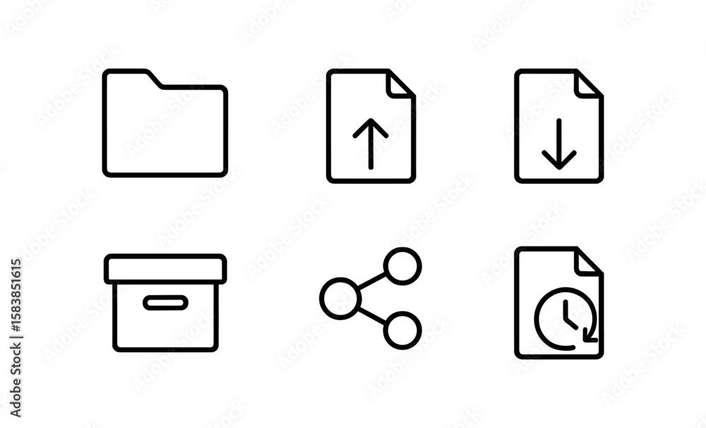 Poster minimalistic line icons for file management and sharing on dark background