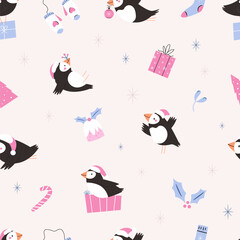Cute Christmas Puffin Seamless Pattern with Gifts, Holiday Elements on Beige Background.