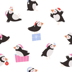 Cute Christmas Puffin Pattern with Gifts and Holiday Elements on White Background.