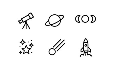 Fototapeta premium Linear astronomy icons: telescope, planet, moon phases, stars, comet, rocket
